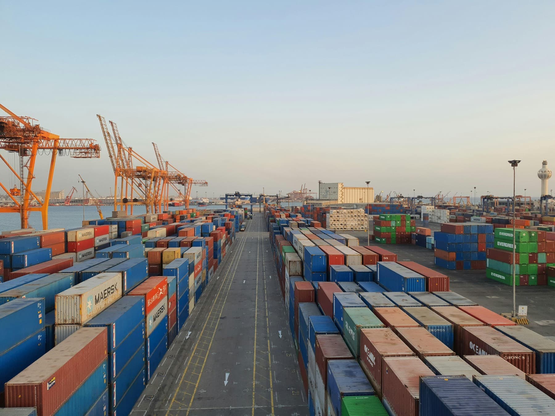 Cargo containers at the Port of Dar es Salaam at sunrise